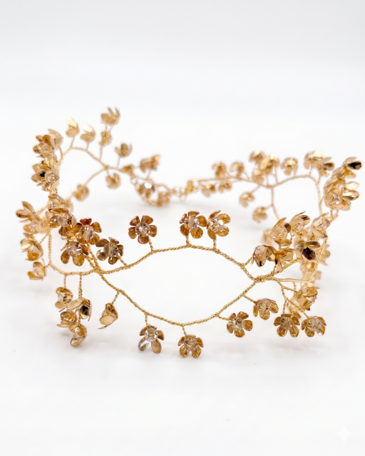 Corona Halo nupcial dorada flores artesanal hecho a mano Hanalima