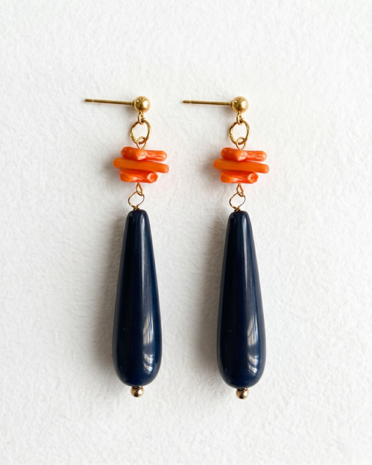 Pendientes Mar chips coral naranja gota onix azul marino artesanales Hanalima