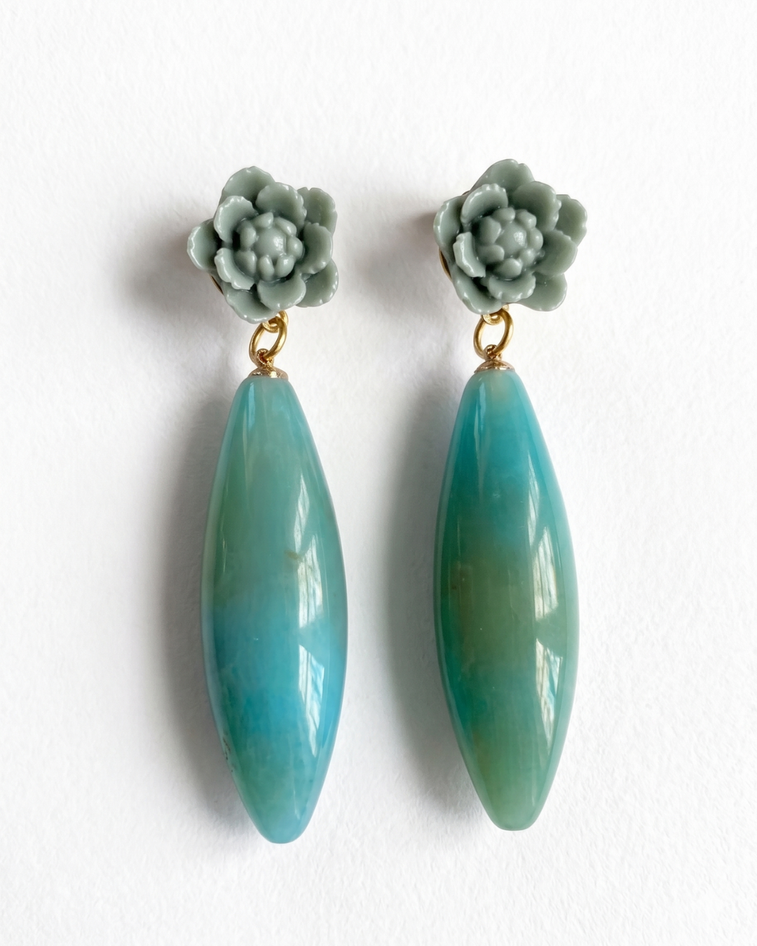 Pendientes Vela flor gris verde gota turquesa artesanales Hanalima