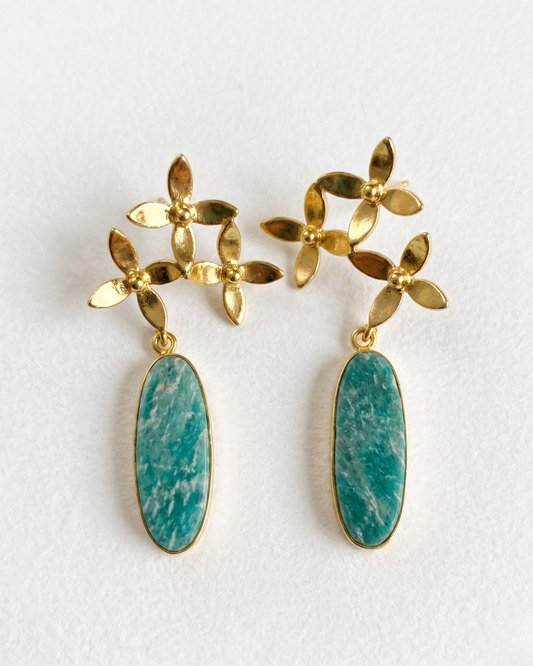 Pendientes Fior flores doradas cluster piedra aguamarina artesanales Hanalima