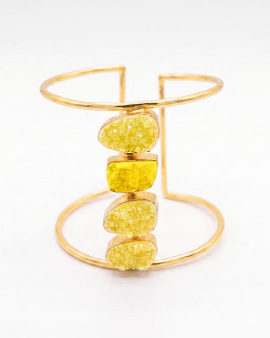 Brazalete Druzy Amarillo dorado piedras druzy artesanal hecho a mano Hanalima