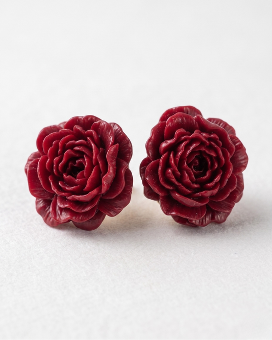 Pendientes Peonia flor burdeos arcilla polimerica artesanales hecho a mano Hanalima